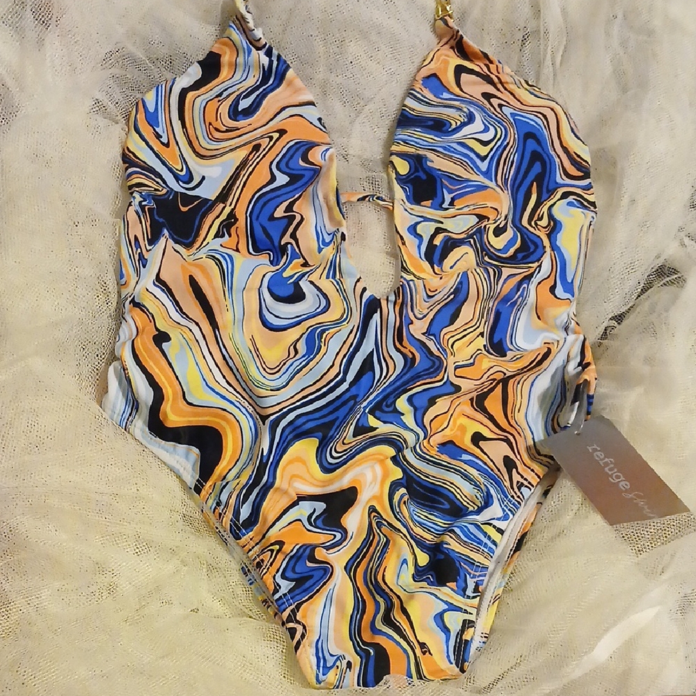Refuge Blue and Orange One Piece Swimsuit with Swirl Design